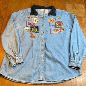 Bobbie Brooks Christmas Jean Shirt with Velvet Collar Size XL